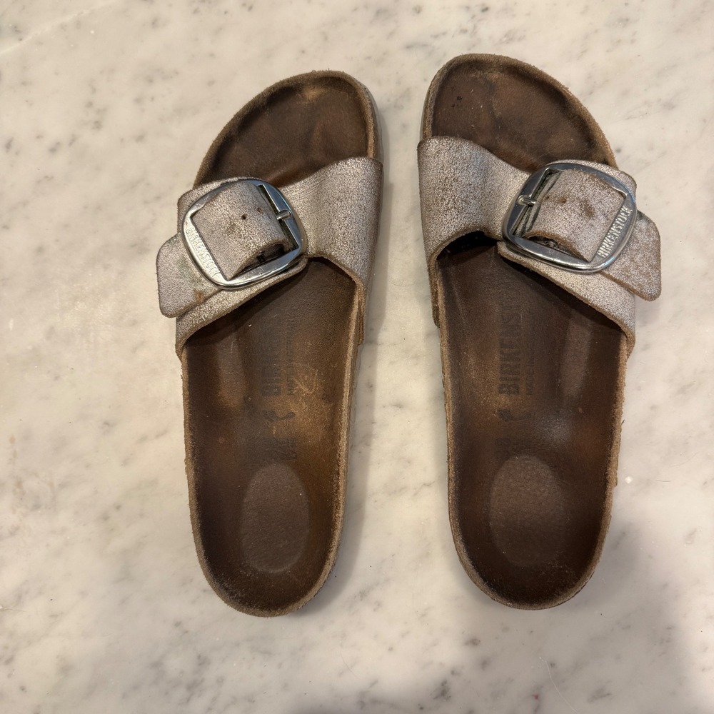 Birkenstock Madrid Metallic Silver Single Buckle Slide Sandals, Size 38